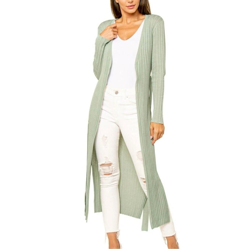 Love Token Sage Green Ribbed Accordion Long Open Front Cardigan Size M